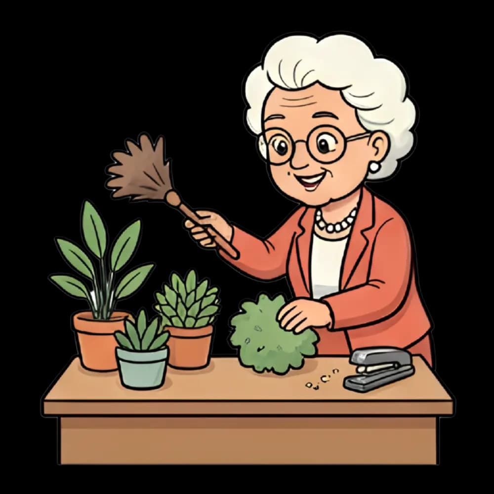 עדנה מנקה אבק מעציצים בבית